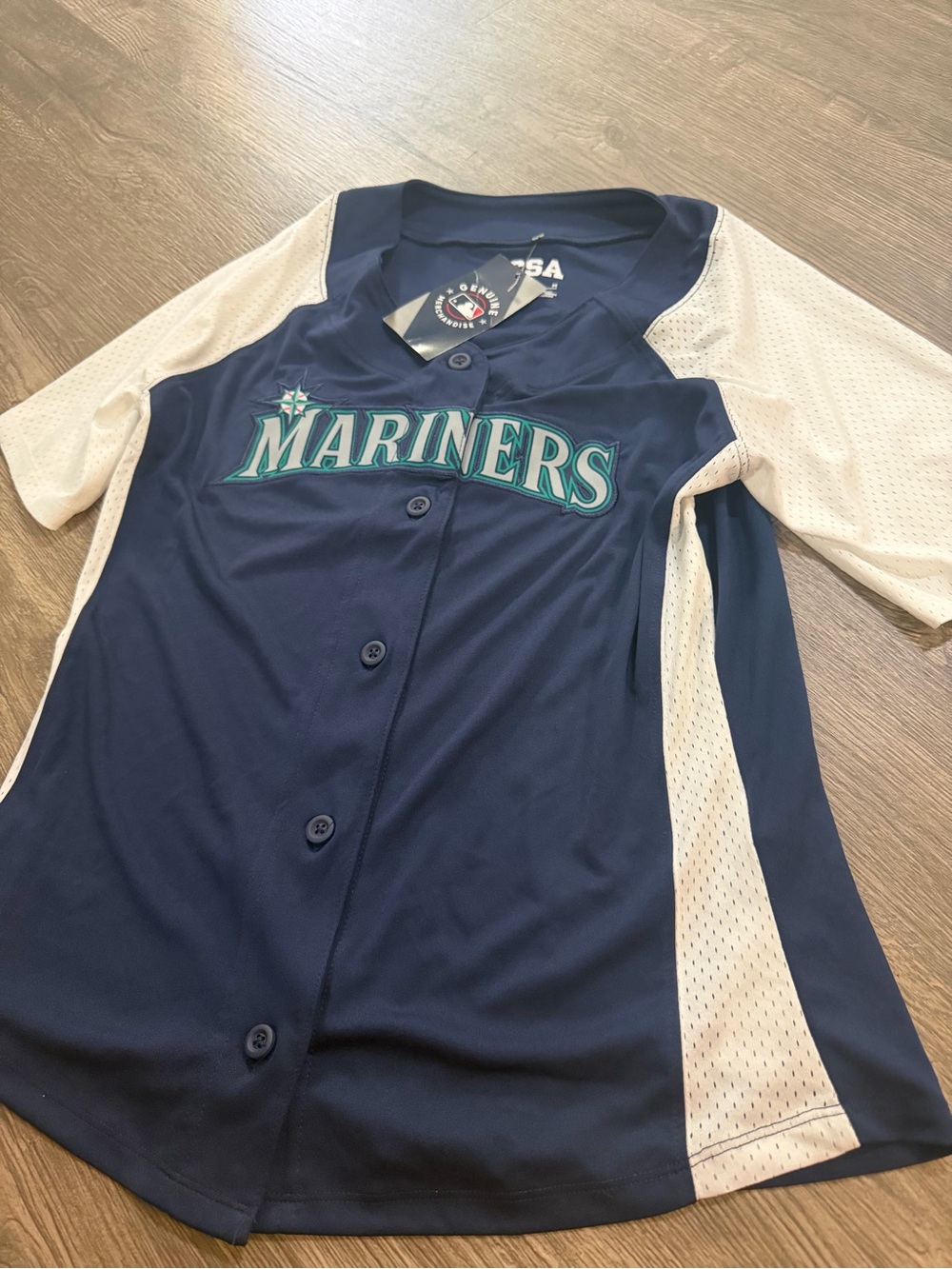 MLB Mariners Navy and White Button-Up Jersey